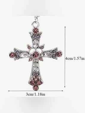 Silver-Tone Cross Pendant Necklace with Pink Rhinestones